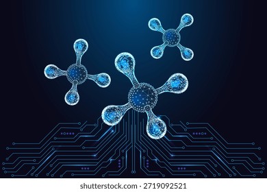 Estrutura molecular, tecnologia química e conceito de ciência digital com aglomerados de polígonos brilhantes acima de uma placa de circuito. Ilustração vetorial de baixo-poli azul neon futurista para química, inovação biotecnológica