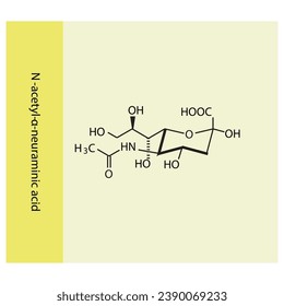 Molecular structure diagram of N-acetyl-α-neuraminic acid (Neu5Ac) - a sialic acid. yellow Scientific vector illustration.