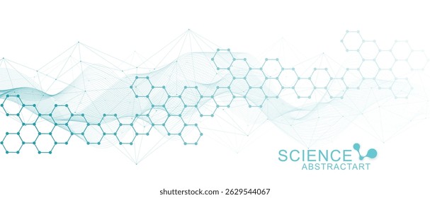 DNA de estrutura molecular, átomo, neurônios. Medicina, tecnologia, química, formação científica. Conceito científico para o seu design. Linhas conectadas com pontos. Ilustração vetorial.