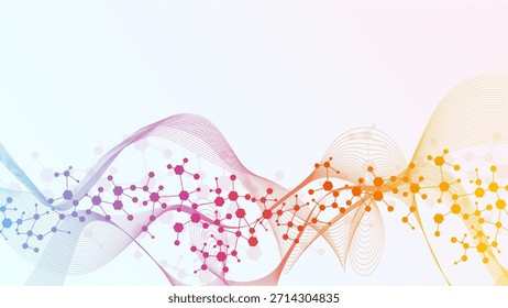 DNA de estrutura molecular, átomo, neurônios. Medicina, tecnologia, química, formação científica. Conceito científico para o seu design. Linhas conectadas com pontos. Ilustração vetorial.