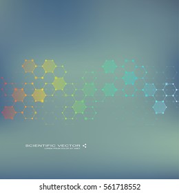 Molecular structure, genetic and chemical compounds. Chemistry, medicine, science and technology concept. Geometric abstract background. Vector illustration