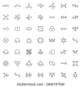 Molecular structure line icons set. Molecular geometry linear style symbols collection, Chemical formula outline signs pack. vector graphics. Set includes icons as methane gas, sulfur, ethane, toluene