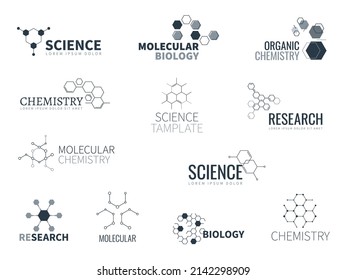 Molecular structure logo. Biological laboratory labels. Chemical connections. Particles constructions. Biology or chemistry research. Scientific text. Vector