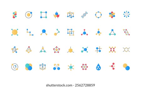 Molecular structure, model of atom and chemical formula in physics and chemistry color icon set. DNA and protein molecule, particles network and compound of ions flat elements vector illustration