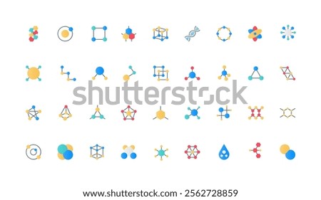 Molecular structure, model of atom and chemical formula in physics and chemistry color icon set. DNA and protein molecule, particles network and compound of ions flat elements vector illustration