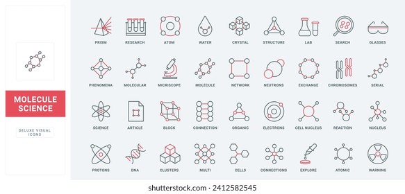 Estructura molecular en la línea de iconos de la física científica y la química. Modelo de molécula con red de cadenas y átomos, partículas finas de símbolos de contorno negro y rojo, ilustración vectorial