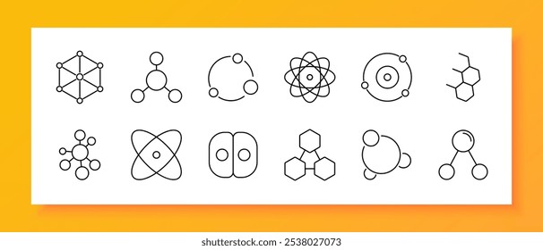 Ícone do conjunto de estruturas moleculares. Estrutura molecular, ligações químicas, anel atômico, composto molecular, átomos, composto orgânico, estrutura hexagonal, pares moleculares