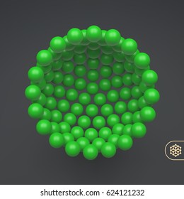 Estructura molecular con partículas esféricas. Antecedentes científicos. Estructura de conexión. Ilustración vectorial 3D para el diseño.