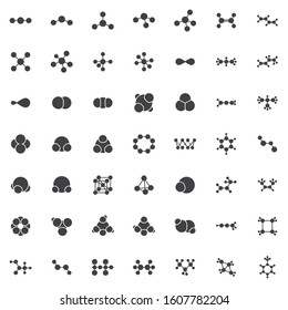 Molecular structure vector icons set, Molecular geometry modern solid symbol collection filled style pictogram pack. Signs logo illustration. Set includes icons as methane gas, sulfur, ethane, toluene