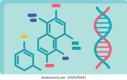 Molecular structures next to DNA, helix for science concept. Colorful flat design chemistry and biology theme isolated pale blue background. Simplified representation abstract chemical compounds