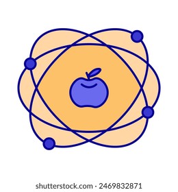 A molecular symbol with an apple inside. An icon colored and made on a white background for education.