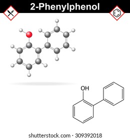 Molecule of 2-phenylphenol - citrus fruit preservative, E231 additive, chemical formula and model, 2d & 3d vector on white background, eps 8