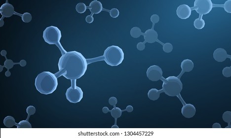 Molecule. Abstract futuristic micro molecule structure with sphere on blue background. Science, research, chemistry, biotechnology, medical concept illustration or background