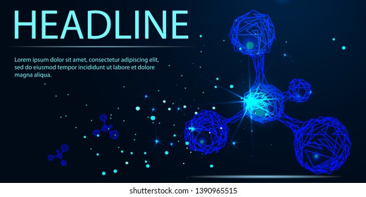 Molecule. Abstract futuristic micro molecule structure with sphere on blue background. Science, research, chemistry, biotechnology, medical concept illustration or background. Headline