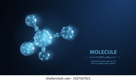 Molécula. Estructura abstracta futurista de micromolécula con esfera sobre fondo azul. Ciencia, investigación, química, biotecnología, ilustración de concepto médico o antecedentes