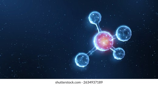 Molécula. Estrutura de micromolécula futurista abstrata com esfera sobre fundo azul. Ciência, investigação, química, biotecnologia, ilustração de conceitos médicos ou fundo