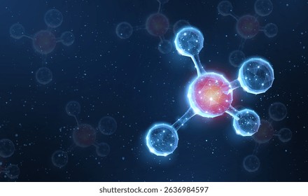 Molecule. Abstract futuristic micro molecule structure with sphere on blue background. Science, research, chemistry, biotechnology, medical concept illustration or background