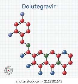 Dolutegravirе, molecule. It is antiviral agent used for the treatment of human immunodeficiency virus type 1, HIV-1 infections. Molecule model. Sheet of paper in a cage. Vector illustration