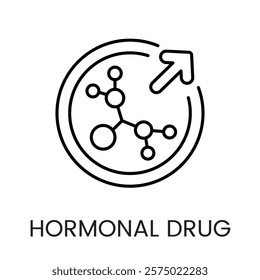 A molecule with an arrow icon in vector, representing hormone regulation or medical enhancement, with an editable stroke.