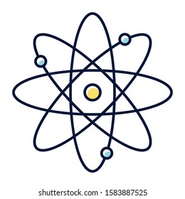 Molecule atom color icon. Nuclear energy source. Atom core with electrons orbits. Science symbol. Quantum physics. Model of particle. Organic chemistry. Isolated vector illustration