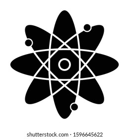 Molecule atom glyph icon. Nuclear energy. Atom core with electrons orbits. Science symbol. Quantum physics. Organic chemistry. Silhouette symbol. Negative space. Vector isolated illustration