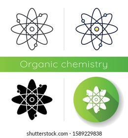 Molecule atom icon. Nuclear energy. Atom core with electrons orbits. Science symbol. Model of particle. Organic chemistry. Flat design, linear, black and color styles. Isolated vector illustrations