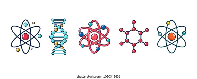 Molecule and atom icon set. Cartoon set of molecule and atom vector icons for web design isolated on white background