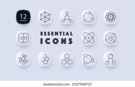 Molecule and atom set icon. Includes molecular structures, atom diagrams, chemical bonds, and atomic models. Icons represent scientific concepts in chemistry and physics