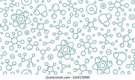 Molecule background, abstract science seamless pattern. Medical, chemistry wallpaper with atom line icons. Scientific research vector illustration, blue white color.