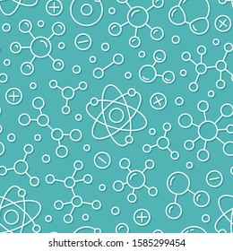 Molecule background, abstract science seamless pattern. Medical, chemistry wallpaper with atom line icons. Scientific research vector illustration, blue white color.