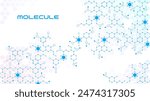 Molecule background, science and molecular structure pattern of atom cells, vector poster. Science, medicine and genetic engineering or biotechnology background with blue molecular structure