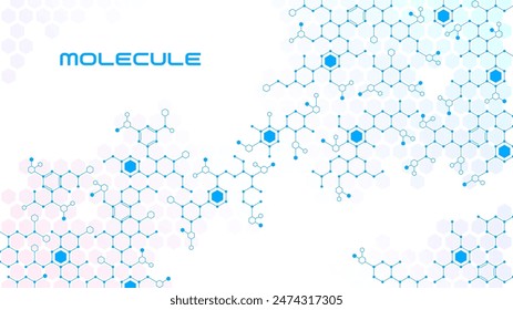 Molecule background, science and molecular structure pattern of atom cells, vector poster. Science, medicine and genetic engineering or biotechnology background with blue molecular structure