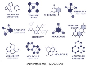 Molecule badge. Bio molecular hexagonal structure, macro molecules and chemical laboratory research. Biology model sign. Logo template with science bio code vector illustration set. - Shutterstock ID 1754677643