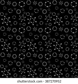 Molecule benzene vector black  background, chemistry seamless pattern;