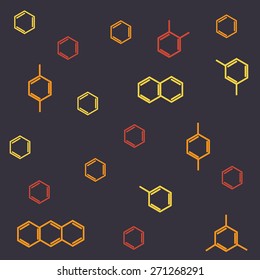 Molecule benzene, xylene ortho meta para isomers and naphthalene, anthracene; vector seamless pattern