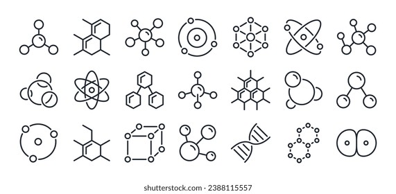 Molecule, cell, atom, protein editable stroke outline icons set isolated on white background flat vector illustration. Pixel perfect. 64 x 64. svg