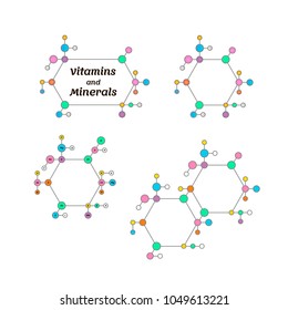 Molecule or chemical formula and molecular structure. Vector illustration vitamins and minerals.