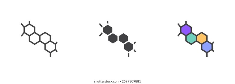 Molecule or chemical structure different style icon set. Line, glyph and filled outline colorful version, outline and filled vector sign. Symbol, logo illustration. Vector graphics
