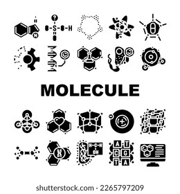 molecule chemistry science icons set vector. medical research, atom biology, structure molecular, medicine laboratory, scientific molecule chemistry science glyph pictogram Illustrations