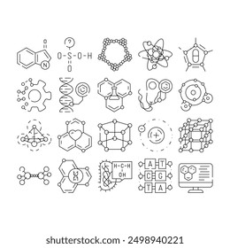 molecule chemistry science icons set vector. medical research, atom biology, structure molecular, medicine laboratory, scientific molecule chemistry science black contour illustrations