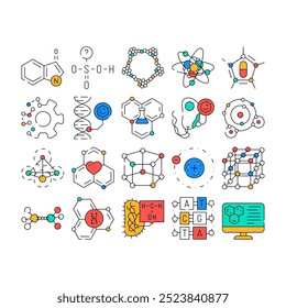 molecule chemistry science icons set vector. medical research, atom biology, structure molecular, medicine laboratory, scientific molecule chemistry science color Contour Illustrations
