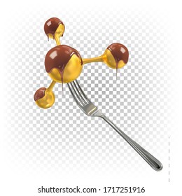 A molecule in chocolate on a fork. The concept of molecular gastronomy, GMO products, not natural food, desserts. Vector 3d illustration isolated on white transparent background.