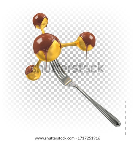A molecule in chocolate on a fork. The concept of molecular gastronomy, GMO products, not natural food, desserts. Vector 3d illustration isolated on white transparent background.
