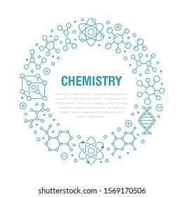 Molecule circle banner, abstract science background. Medical, chemistry poster with atom line icons. Scientific research vector illustration, blue white color.