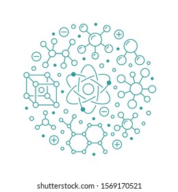 Molecule circle banner, abstract science background. Medical, chemistry poster with atom line icons. Scientific research vector illustration, blue white color.