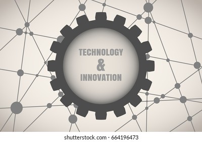 Molecule And Communication Background. Modern brochure or report design template. Technology and innovation text in gear. Connected lines with dots. Medical, technology, chemistry, science background