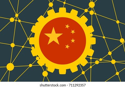 Molecule And Communication Background. Modern brochure or report design template. Field for text as gear icon. Connected lines with dots. Technology and science background. Flag of the China