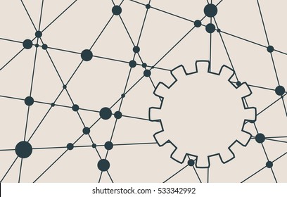 Molecule And Communication Background. Modern vector brochure or report design template. Field for text as gear icon. Connected lines with dots. Medical, technology, chemistry, science background