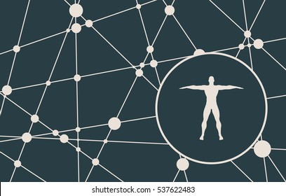 Molecule And Communication Background. Modern vector brochure or report design template. Human icon in circle. Connected lines with dots. Medical, technology, chemistry, science background