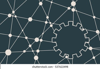 Molecule And Communication Background. Modern vector brochure or report design template. Field for text as gear icon. Connected lines with dots. Medical, technology, chemistry, science background